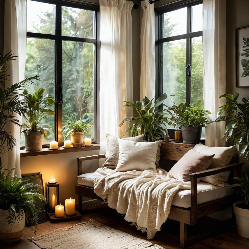 A tranquil home oasis scene featuring a cozy reading nook filled with plush cushions, a soft throw blanket, and a steaming cup of herbal tea on a wooden side table. Surrounding the nook are lush indoor plants, flickering candles, and a gentle water fountain. Sunlight filters through sheer curtains, creating a warm, inviting atmosphere. This serene setup invites relaxation and calmness. super-realistic. vibrant colors. soft focus.