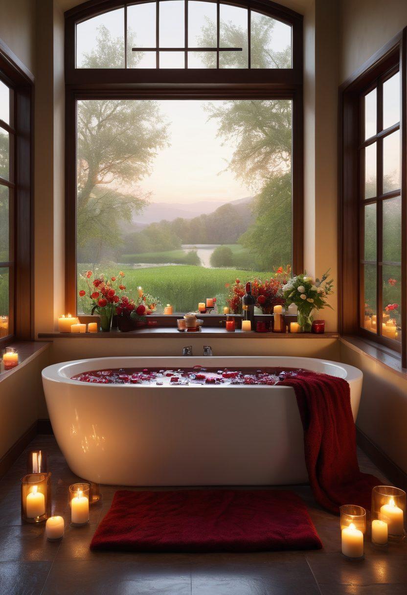 A serene spa setting featuring a luxurious bathtub filled with bubbles, surrounded by candles and wine glasses filled with rich red wine. Soft, warm lighting enhances the tranquil atmosphere, while flowers and aromatic oils are elegantly arranged. A fluffy robe hangs nearby, inviting relaxation. The background showcases a peaceful nature view through a large window. super-realistic. vibrant colors. calming atmosphere.