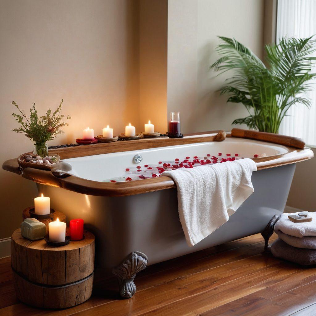 A serene home spa setting featuring a luxurious bathtub filled with bubbles, surrounded by scented candles and plush towels. A glass of red wine rests on a small wooden side table, alongside spa essentials like essential oils and a soft robe. Gentle, calming colors dominate the scene, with subtle elements of nature like potted plants or pebbles to evoke tranquility. The overall atmosphere is inviting and indulgent, perfect for relaxation. super-realistic. vibrant colors. soft lighting.